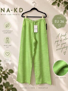NA-KD x Josefine HJ Green Linen Blend Wide Leg Trousers EU 36 NWT